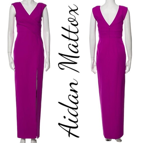 NWT AIDAN MATTOX Draped Sheath Evening Gown Fuchsia Magenta V-Neck, Size 2 - Picture 2 of 14